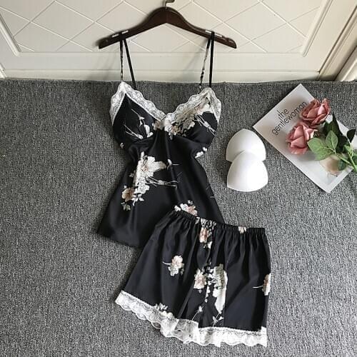 2021 New Summer Women Pajamas Sets with Shorts Spaghetti Strap Nightwear Female Silk Satin Sleep Lounge Soft Sexy Lingerie