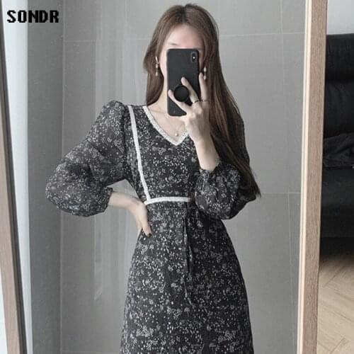 Korean One-Piece Chiffon Dress Women Fall 2020 Vintage V-Neck Lace Stitching Lace High Waist Floral Dress Office Lady Long Dress