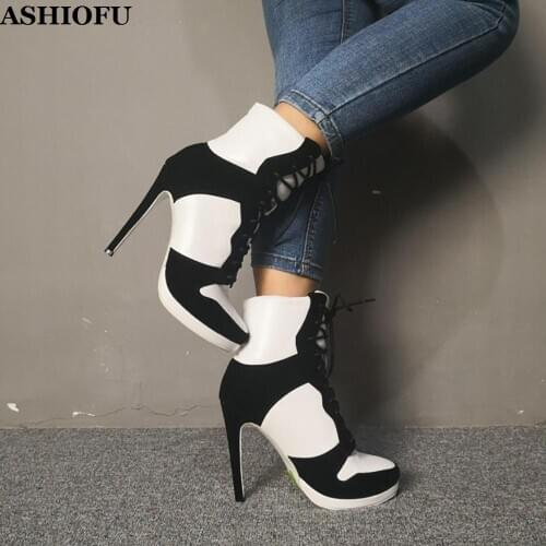 ASHIOFU Handmade Women High Heel Boots Patchwork Sports-style Party Ankle Boots Lace-up Winter Evening Fashion Stiletto Boots