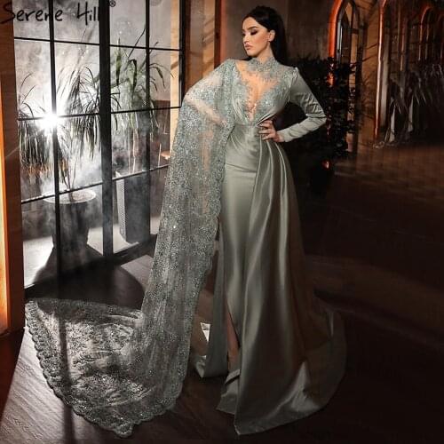 Serene Hill Satin Grey Mermaid Evening Dress 2020 One Shoulder Beadings Lace Sexy Formal Party Wear Gown CLA70705