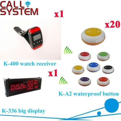 Wireless Waiter Bell System Ycall Brand With CE Passed 433.92MHZ( 1 display+1 wrist pager+ 20 call button)