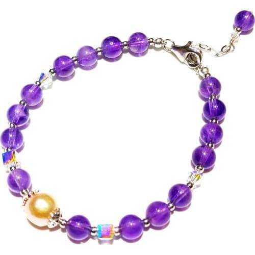 Lii Ji Amethyst Pearl 925 Sterling Silver Platinum Plated Austrian Crystal Bracelet 18+3cm Natural 6mm Stone Handmade Jewelry