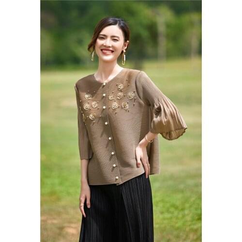 HOT SELLING Miyake fold O-neck three quarter Beading Nail flowers coat IN STOCK