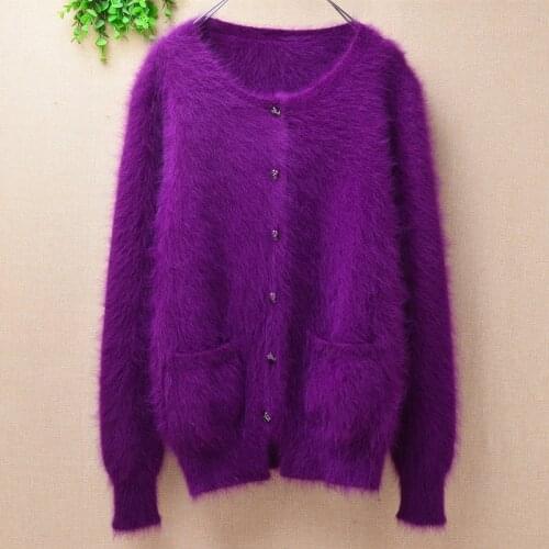 Ladies women fashion purple hairy mink cashmere knitted long sleeves slim cardigans angora fur autumn winter jacket coat sweater