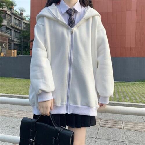 Korean Fashion Solid Long Sleeve Zipper Women Hoodies Autumn Casual Soft Girls Cute Rabbit Ear Hooded Thick Warm Coat Outwear
