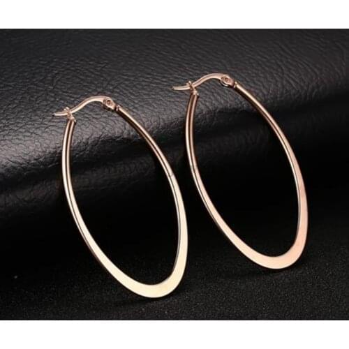 Beauty Women Girls Jewelry IP Rose Gold Plated Stainless Steel Oval Circle Hoop Dangle Earrings