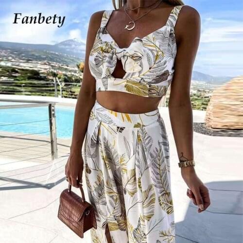 Summer Women Elegant Bandage Crop Tops And Slit Wide Leg Pants Suits Fashion Print 2 Piece Sets Ladies Sexy Hollow Out Outfits