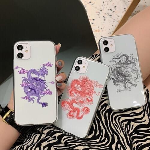 Cute Black Dragon Print Soft Phone Case for iPhone 12 mini 11 Pro Max X XR XS Max 7 8 Plus SE 2020 Cover Transparent Back Cases