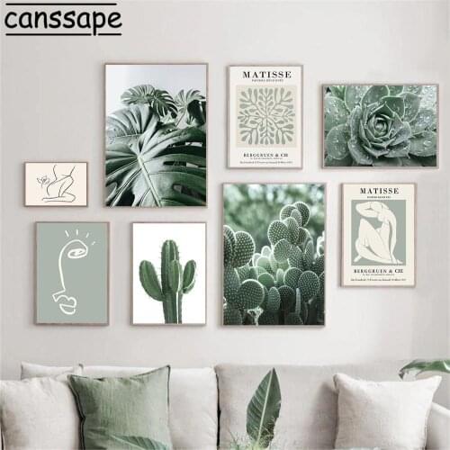Natural Scenery Poster Cactus Flower Canvas Painting Nordic Print Green Leaf Posters Line Girl Art Prints Modern Home Decoration