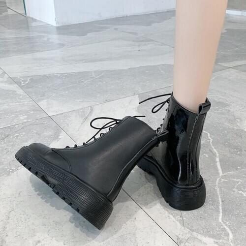 GOOHOJIO 2020 Autumn All-match Lace-up Boots Ladies Round Toe Ankle Boots for Women Flat Solid Color Square Heel Women Boots
