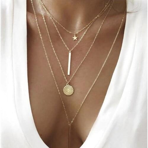 FNIO Bohemian Fashion Delicate Geometric Crystal Tassel Rhinestone Star Pendant Multilayer Gold Necklace Women Christmas Gifts