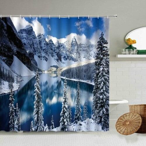 Snow Scenery Shower Curtain Lake Cedar Winter Natural Landscape Home Bathroom Wall Decor With Hook Waterproof Screen Washable