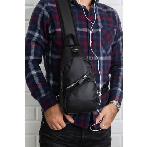Unisex Black Wash Leather Usb Headphone Output Cross Strap Waist Shoulder Bag