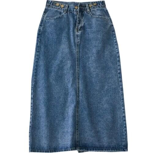 Denim Skirts Women 2021 Fashion Split Length Skirts Vintage Pocket Blue Saia Ladies High Waist a-line Skirt