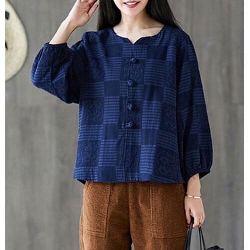 Women Cotton Linen Casual Shirt New Arrival 2021 Spring Chinese Style Vintage Floral Print Loose Female Tops Shirts S3597