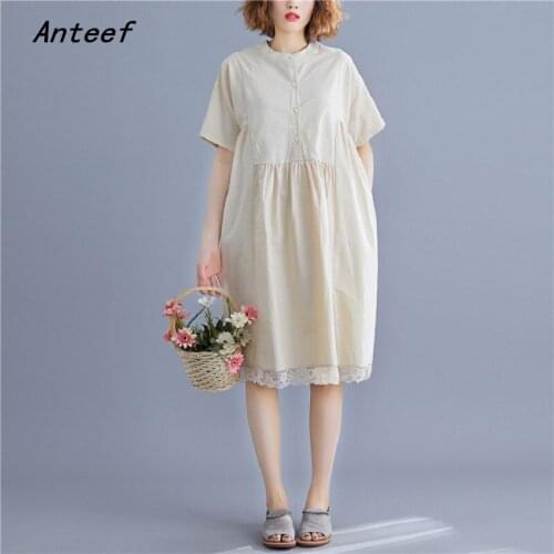 Short sleeve plus size cotton linen lace vintage dresses for women casual loose midi summer dress elegant clothes 2021 sundress