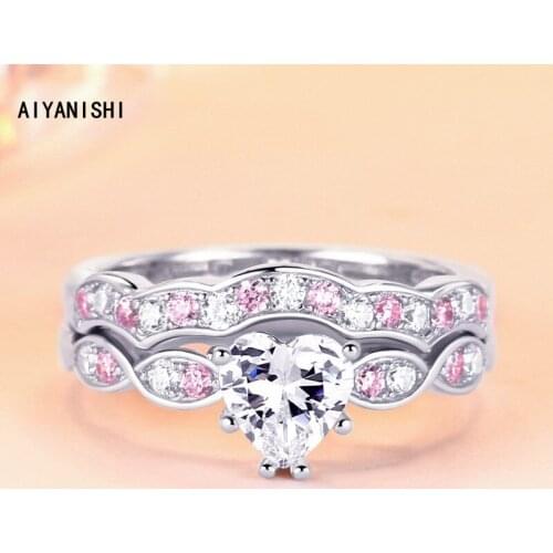 AIYANISHI 925 Sterling Silver Wedding Ring Set Heart Finger Ring Set for Women Silver Engagement Bridal Rings Jewelry Dropship