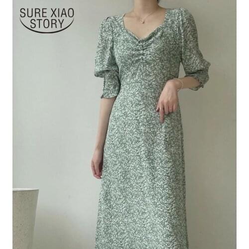 2021 Summer Vintage Chiffon Long Dress Women Elegant French Lantern Sleeve Floral Dress Fashion Party Dresses Clothing 14665