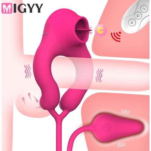 10 Frequency Remote Control Tongue Licking Resonance Anal Plug Vibrating Egg Lock Sperm Ring Male Delayed Ejaculation Sex Toy