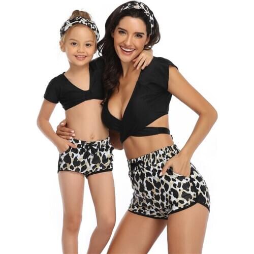 Family Sexy Deep V Neck 2 Pcs Swimsuit Leopard Print Mom And Girls High Waist Bikini Women