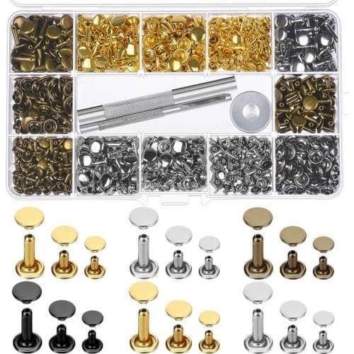 480 Sets 3 Sizes Leather Rivets Double Cap Rivet with 3 Pieces Setting Tool Kit for Leather Craft Repairs Decoration