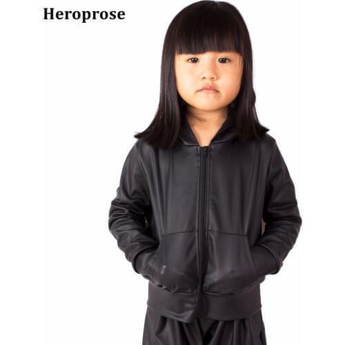 Fashion Spring Autumn Kid bomber Jacket Stage Performance Wear paillette feminina casaco black Patent leather Hip Hop dance coat