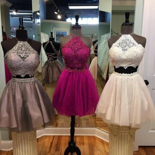 Elegant Short Lace Beaded Halter Homecoming Dresses Satin Knee Length Criss Cross Back Graduation Dresses for Juniors