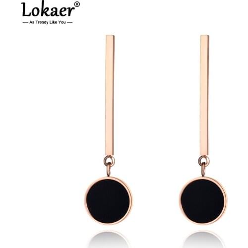 Lokaer Classic Black Round Acrylic Long Earrings For Women Girls Rose Gold Stainless Steel Jewelry Christmas Party Gifts E19007