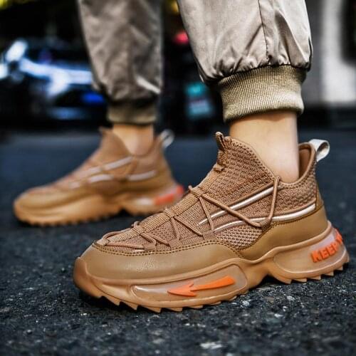 Large Size Outdoor High-soled Sport Shoes Male Sneakers for Men Running Shoes Husband Sports Shoes Children Brown Working B-968