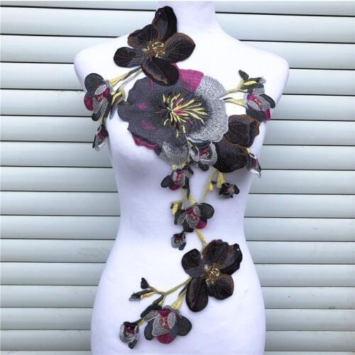 1PC Big Gray Flower Lace Embroidered Neckline Collar Trim Clothes Fabric Sewing Supplies Craft Wedding Dress Applique