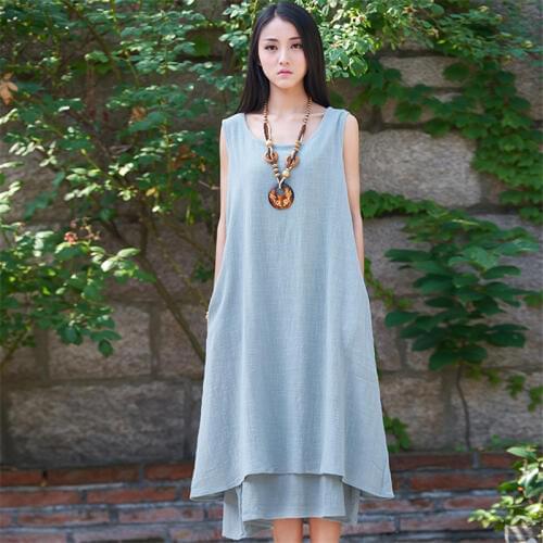 LZJN Summer Dress 2020 Cotton Linen Dress Femme Vintage 2 Piece Tank Dresses Mori Girl Basic Sleeveless Sundress 2117