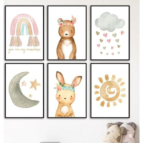 Bear Rabbit Moon Sun Rainbow Cloud Nursery Wall Art Print Canvas Painting Nordic Poster School Wall Picture Baby Kids Room Decor