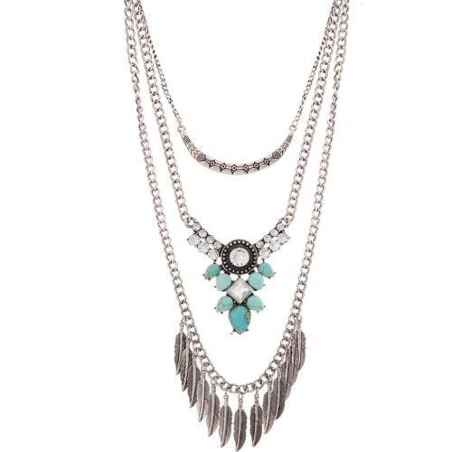 Metal Half moon Feather Gold SIL Chains Pendant Necklace Bohe Resinstone Metal Ethnic Charms Layers Necklace Collar Sra