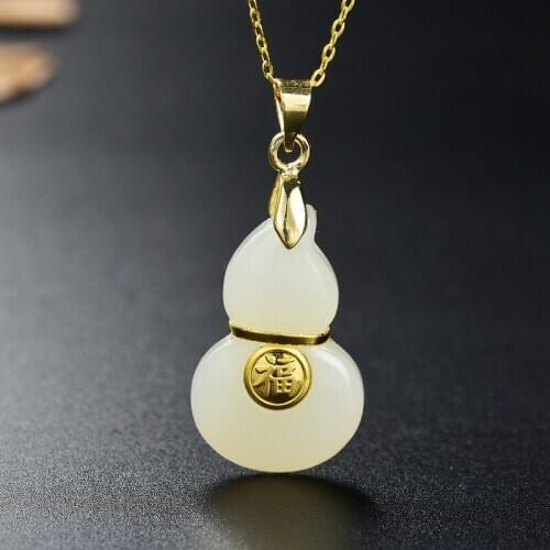 Natural Hotan Jade Inlaid Gourd Beads Pendant Necklace DIY Accessories Bangle Charm Jewellery Fashion Hand-Carved Luck Amulet