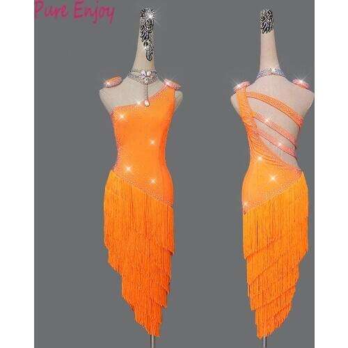 New Latin Dance Dress Women Competition Costumes Custom Practice Skirts Shining Crystal Orange Thick Fringed Latin Dresses