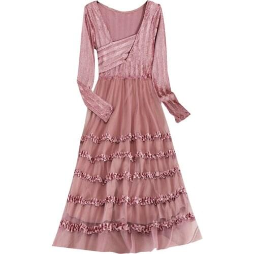 PERHAPS U Black Pink Long Sleeve Autumn Velvet Mesh Mid-calf Midi Dress Ruffle D1462