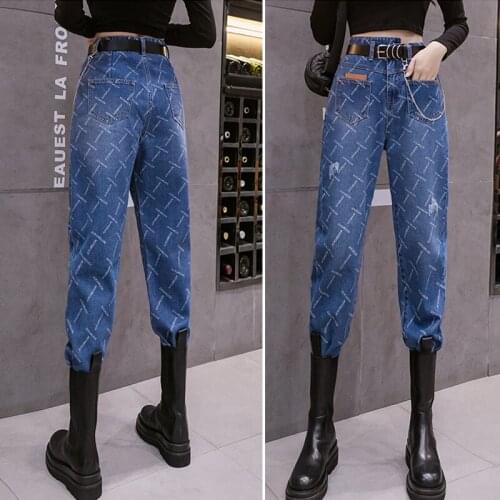 Autumn Letters Straight Jeans Women High Waist Patch Boots Denim Pants Ladies 2021 Personality Loose Casual Trousers Mujer 2021