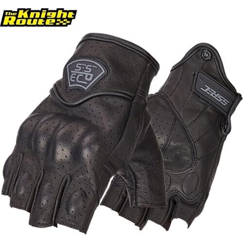 Black Retro Perforated Real Leather Motorcycle Gloves Moto Half Finger Motorbike Summer Vintage Motocross Biker Gloves