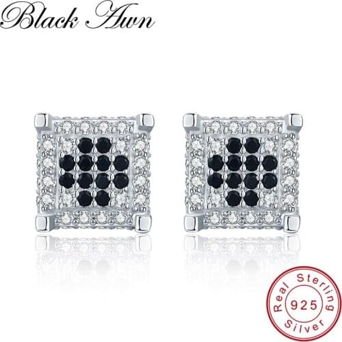 [BLACK AWN] Vintage 2.8g 925 Sterling Silver Earrings Natural Square Black Spinel Jewelry Wedding Stud Earrings for Women T192
