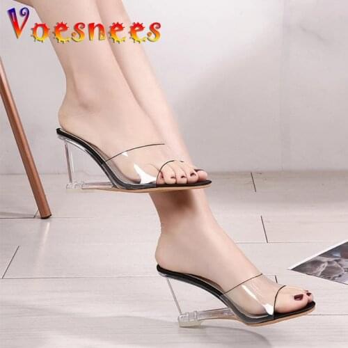 Wedge Women Slippers PVC Transparent Sandals Ladies Shoes Summer Sexy Crystal High-Heeled 8CM Female Slippers Beach Lazy Shoes