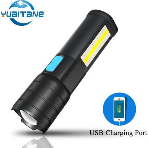 LED Flashlight Rotating telescopic zoom LED Torch With COB Rechargeable Camping light Floodlight as charge phone 2019 Newest