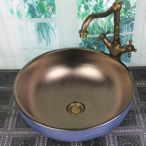 Bathroom Round Ceramic Vessel Sink Vanity Artistic Basin with Pop up Drain Combo AB270