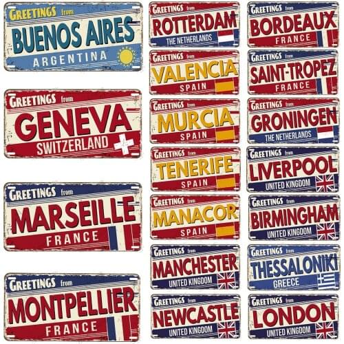 Vintage Rusty Metal Plate Greetings City Metal Tin Sign Retro Poster Metal Plaque High-End Club Pub Bar Home Wall Decor Plate