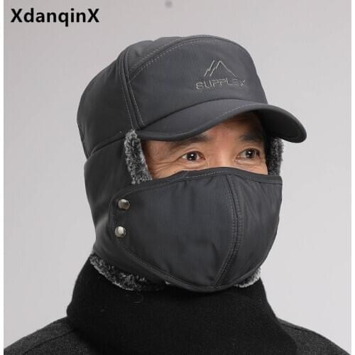 XdanqinX Winter Warm Bomber Hats For Men Women Thermal Thicken Earmuffs Caps Windproof Face Protection Ski Cap With Mask Dad Hat
