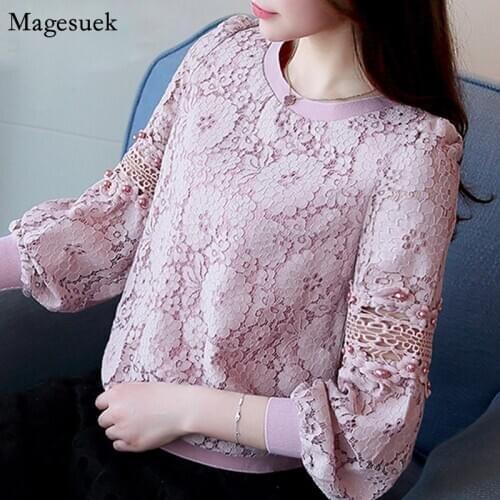2021 Autumn Solid Lace Women Blouses Long Sleeve Blouses Women Casual Knitted Floral Pullover Shirts Women Tops Blusas 668C 30