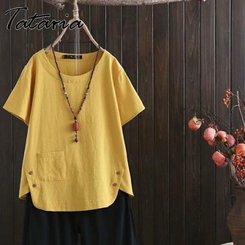 T-shirt Women Vintage Cotton Linen Tops All-match Short Sleeve Shirts Loose Pockert O-neck Buttons Fashion Tshirts Top Female
