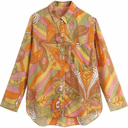 Evfer Women Holiday Stylish Flower Print 2021 Summer Za Long Shirts Girls Casual Turn-Down Collar Long Sleeve Thin Blouse Tops