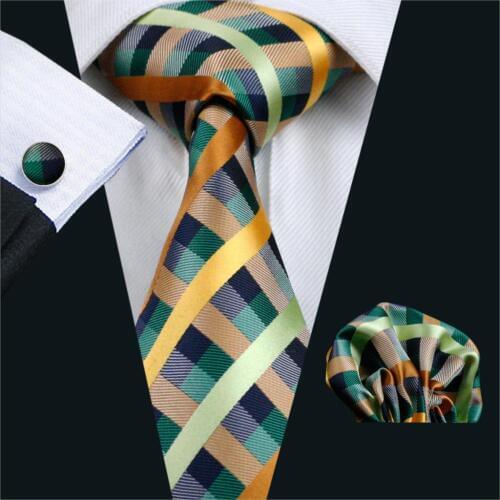 FA-1063 Gents Necktie Green Plaid Barry.Wang Silk Jacquard Tie Hanky Cufflink Set Mens Business Gift Ties For Men Free Shipping