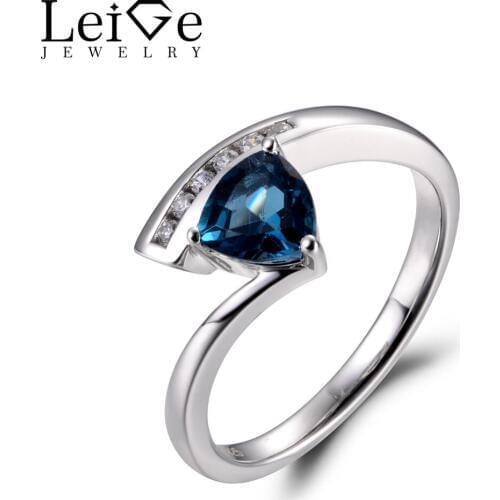 LeiGe Jewelry Topaz Promise Rings Genuine London Blue Topaz Rings November Birthstone Trillion Cut Gems Ring 925 Sterling Silver