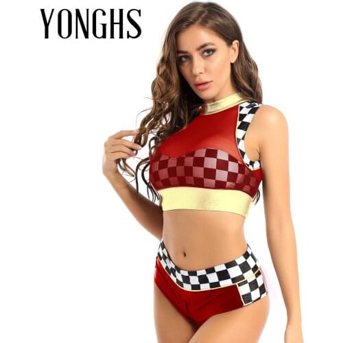 Women Lingerie Racing Girl Plaid Cosplay Costume Cheerleading Outfit Back Zipper Mesh Tops Padded Bra with Patent Leather Briefs